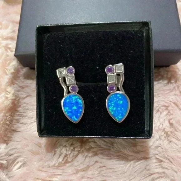 Lab created Opal earrings set in Rhodium plated sterling silver NWOT - Picture 3 of 7